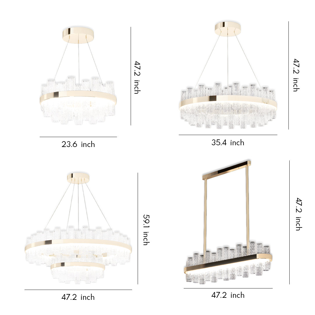 Architectural modern led lighting chandelier featuring horizontal bar design with suspended crystal glass panels