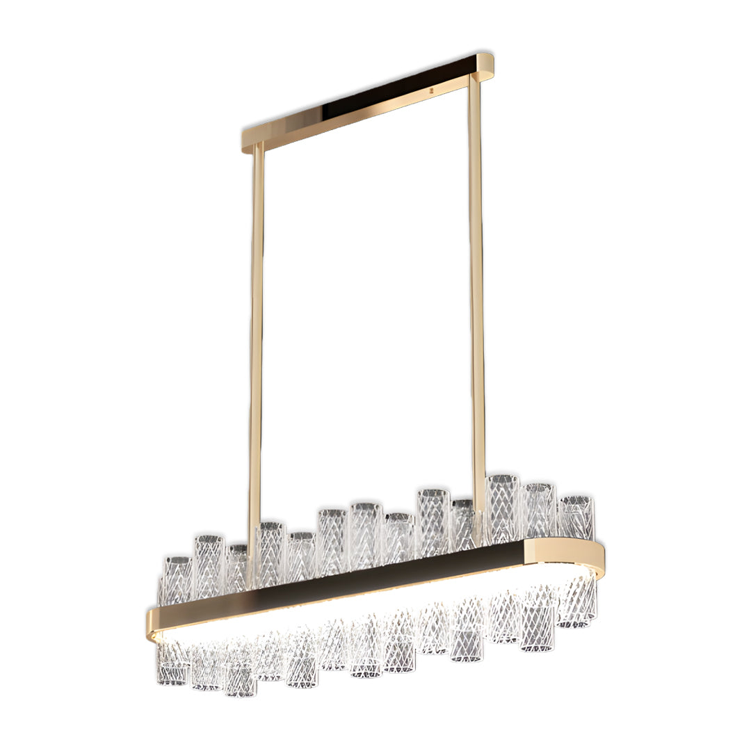 Architectural modern led lighting chandelier featuring horizontal bar design with suspended crystal glass panels