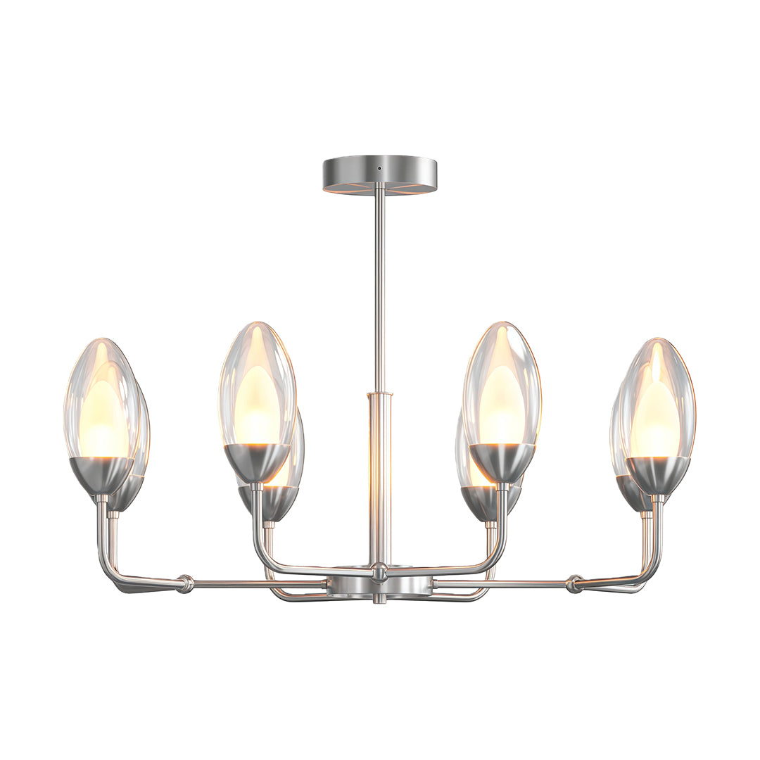 Architectural modern minimalist chandelier featuring glass shade chandelier styling in chrome with clean four-light design.