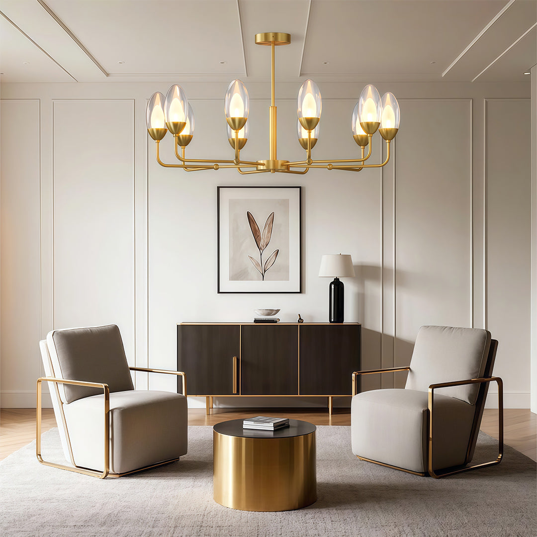 Architectural modern minimalist chandelier featuring glass shade chandelier design creating sophisticated ambiance in contemporary lounge.