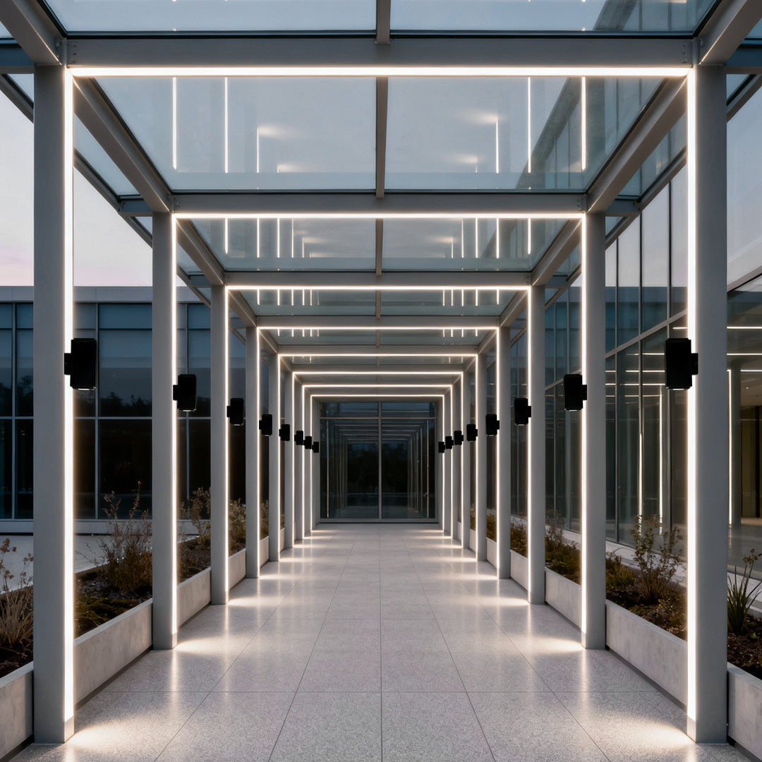 Architectural narrow beam wall sconce highlighting building edges with sharp vertical illumination at night.