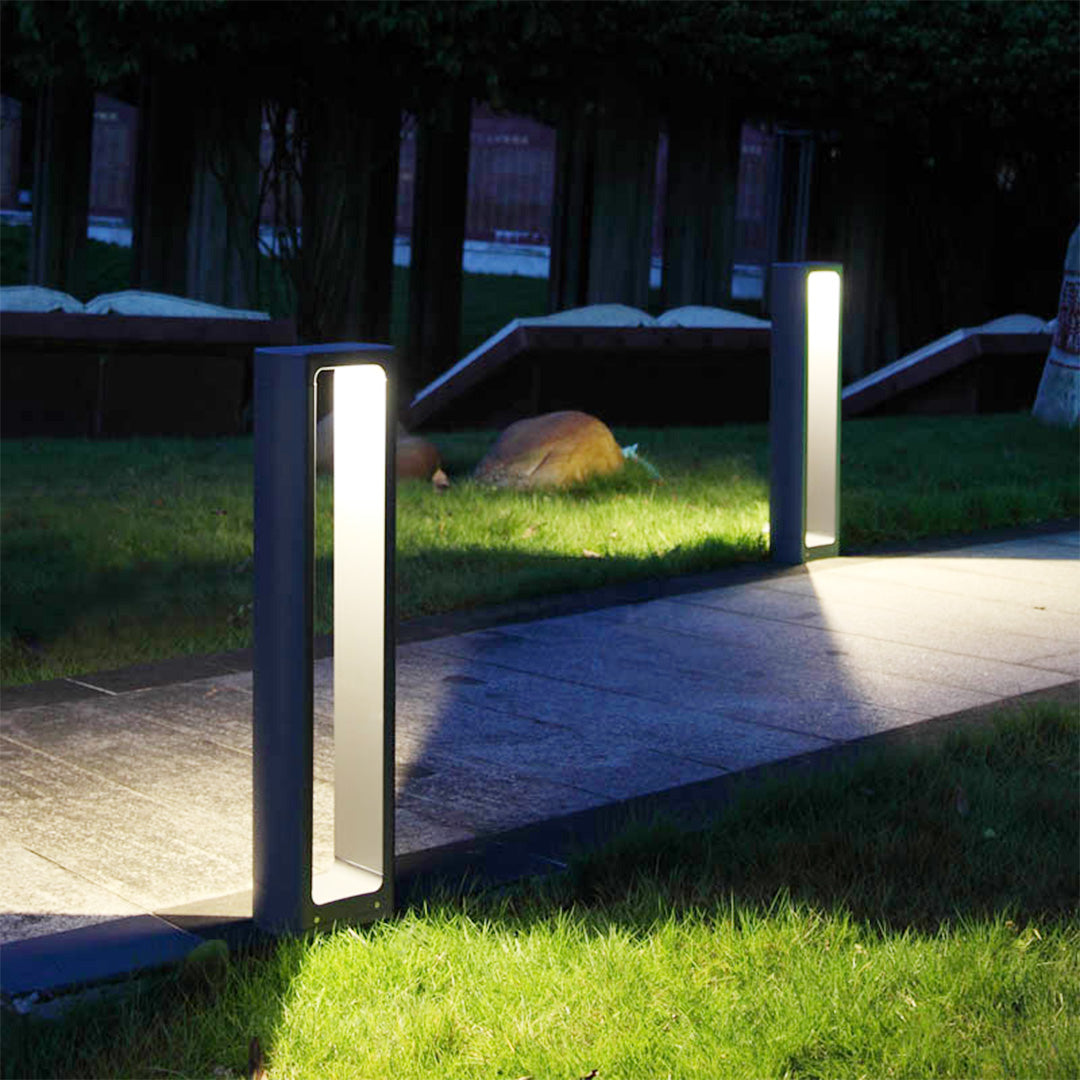 Contemporary rectangular lights providing pathway illumination with clean geometric design