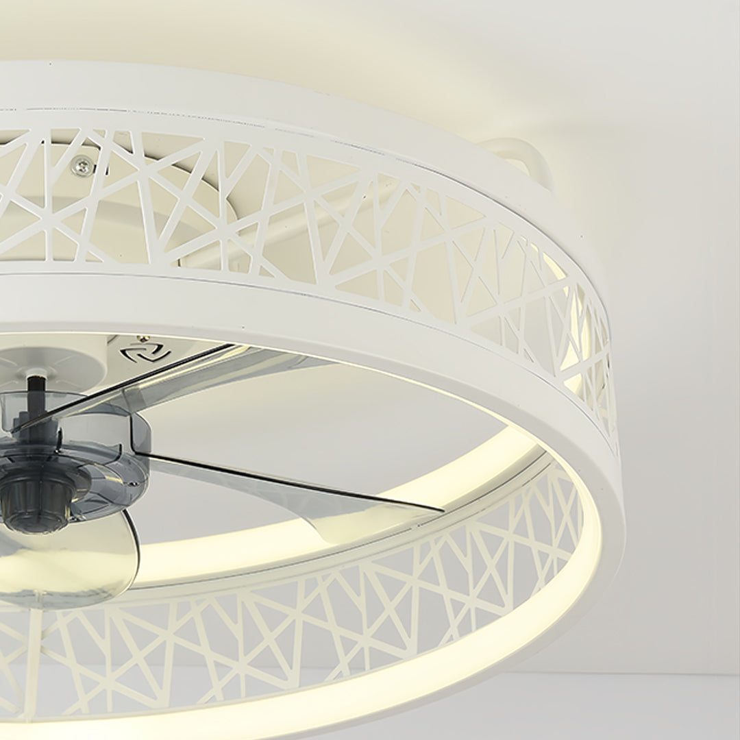 Architectural round ceiling fan with light demonstrating curved blade design and integrated illumination system