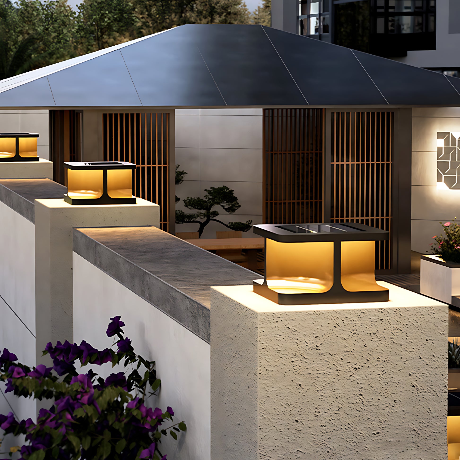Architectural square pillar rechargeable table lamps illuminating modern concrete exterior walkway