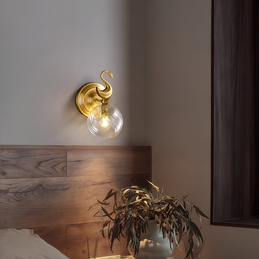 Architectural wall mounted LED light with glass shade chandelier styling providing ambient lighting in modern minimalist bedroom.