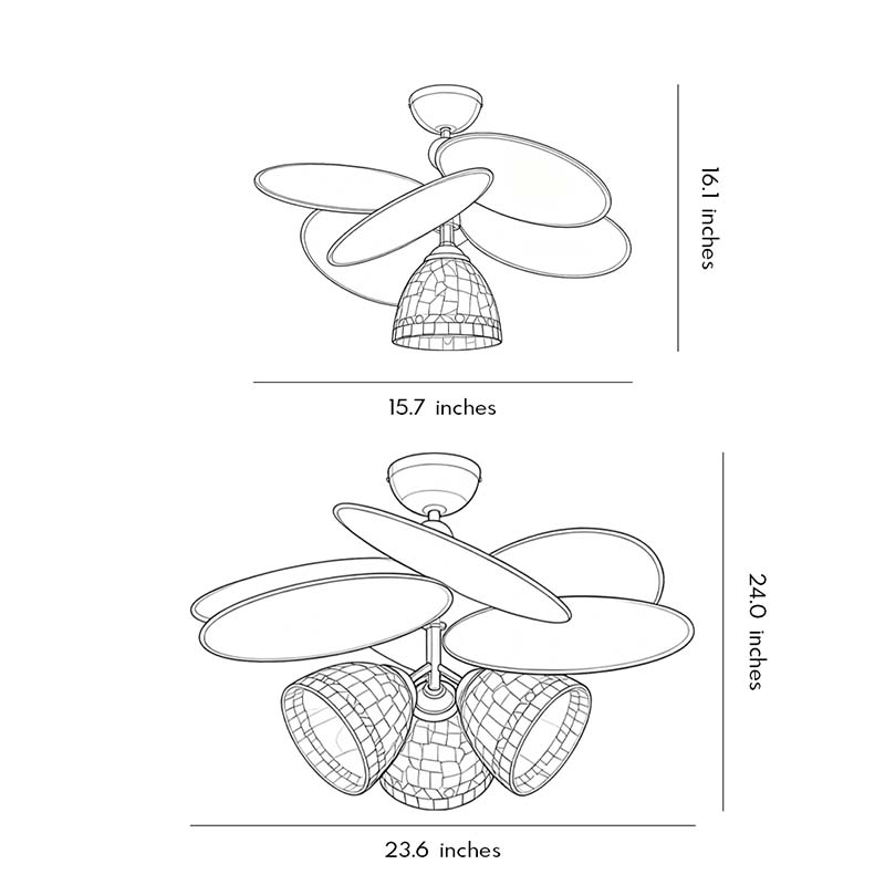 Art deco flush mount light fixture technical drawing displaying dimensions and ceiling mounting specifications.