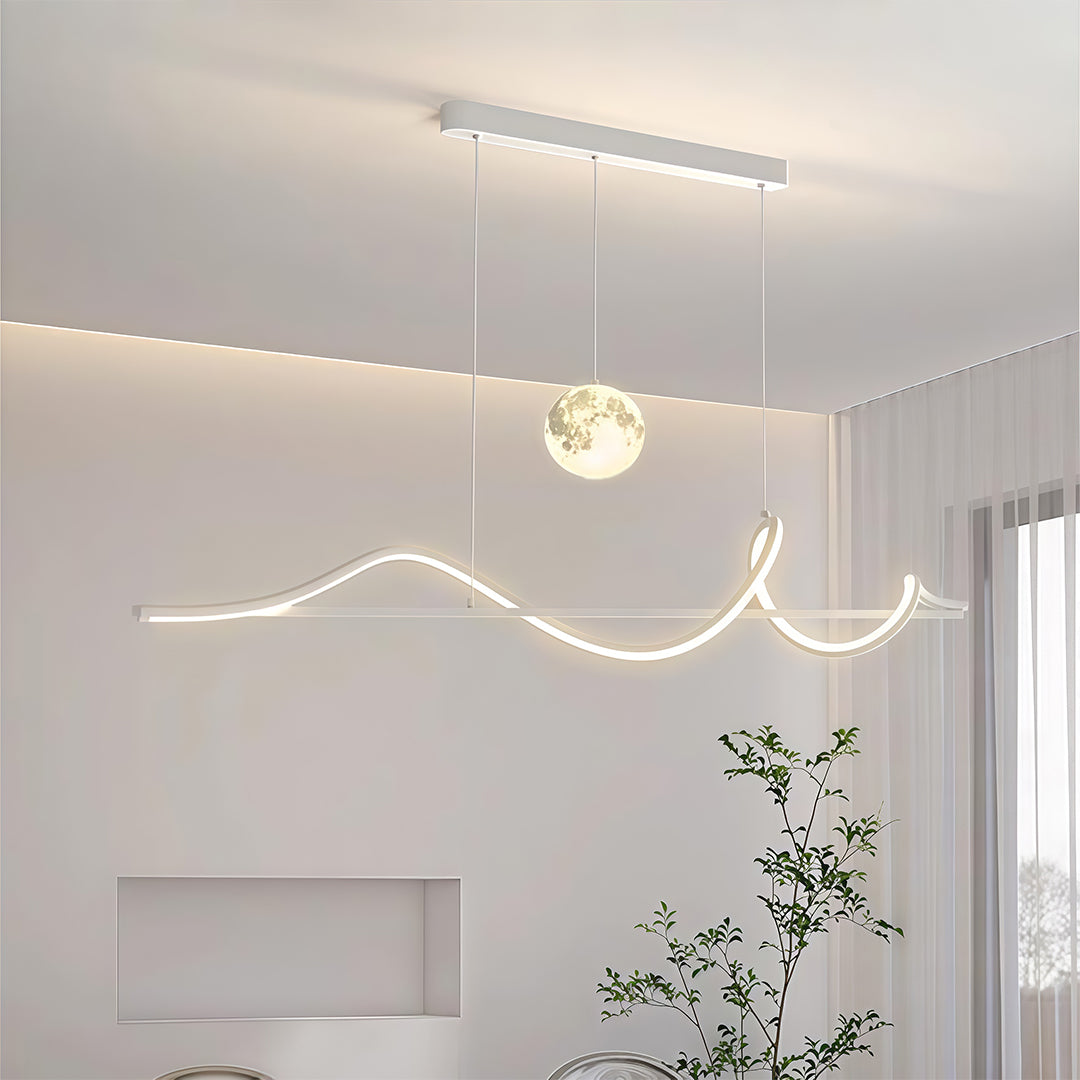 Art deco pendant light creating ambient illumination in bright dining space with soft wavy LED design.