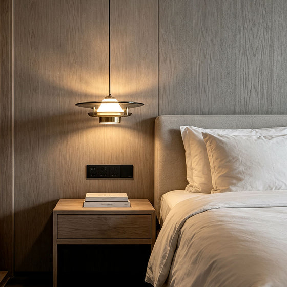 Art deco pendant light fixtures hanging beside a modern bed, featuring layered geometric styling and warm ambient lighting.