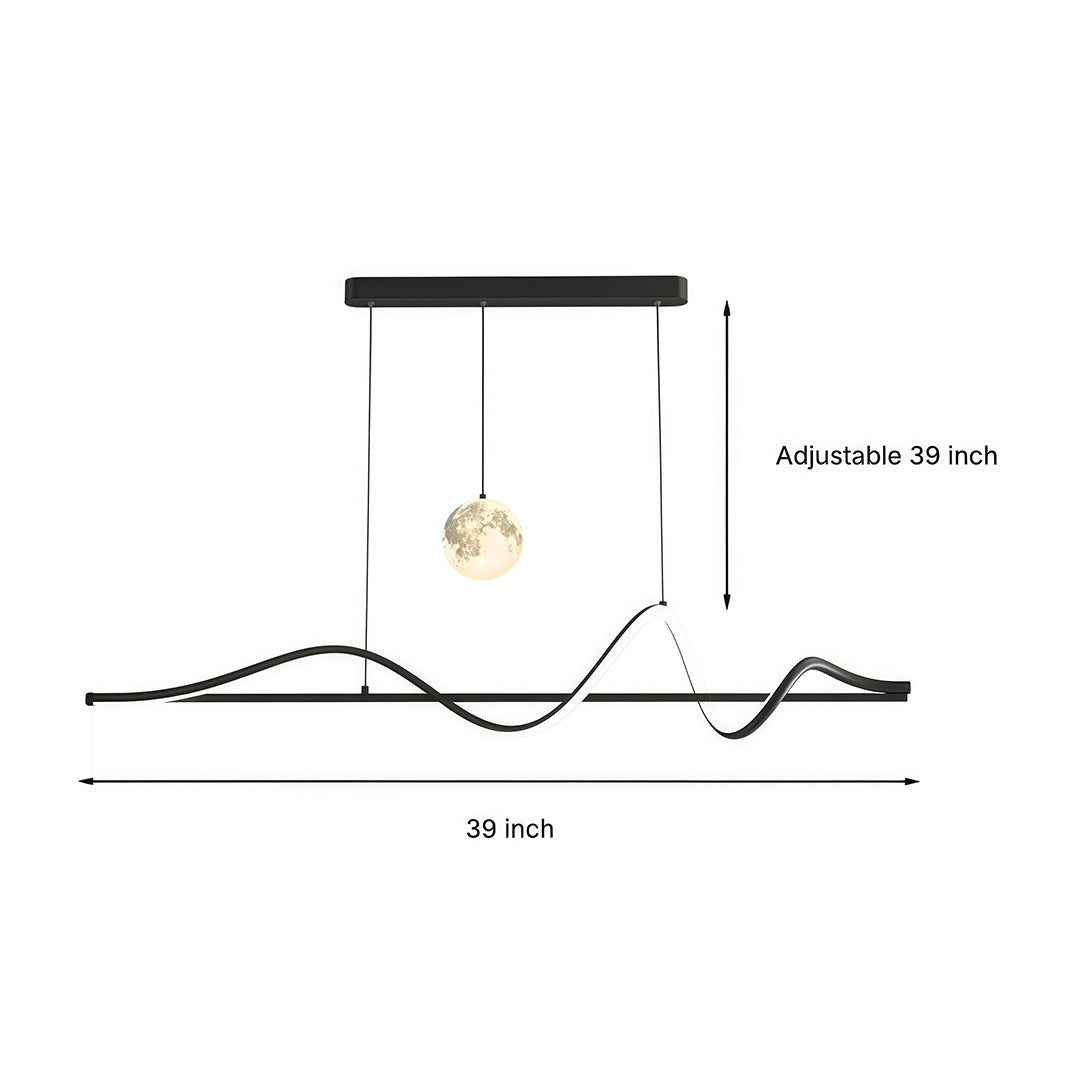 Art deco pendant light technical drawing showing dimensions with wavy LED strip and sphere accents on white background.
