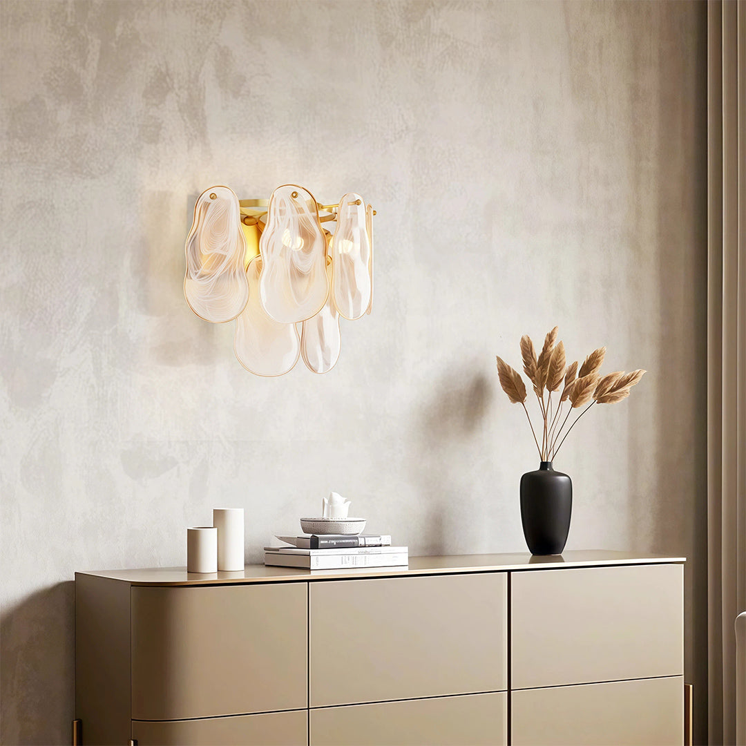 Modern luxury chandeliers inspired art deco wall lights in minimalist setting with textured wall