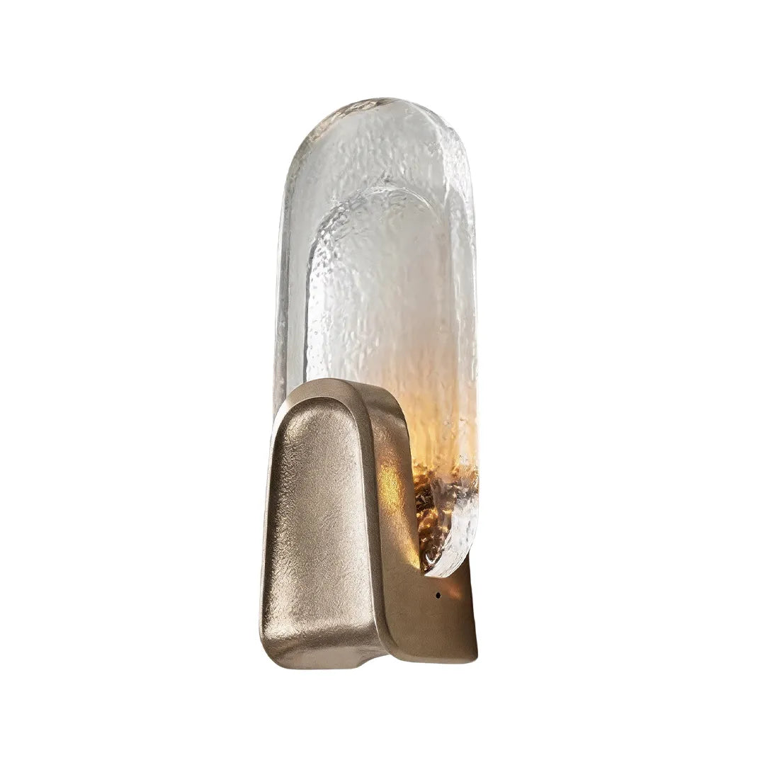 Art deco wall sconce lighting in Gold-Clear with an oval glass shade on a white background.