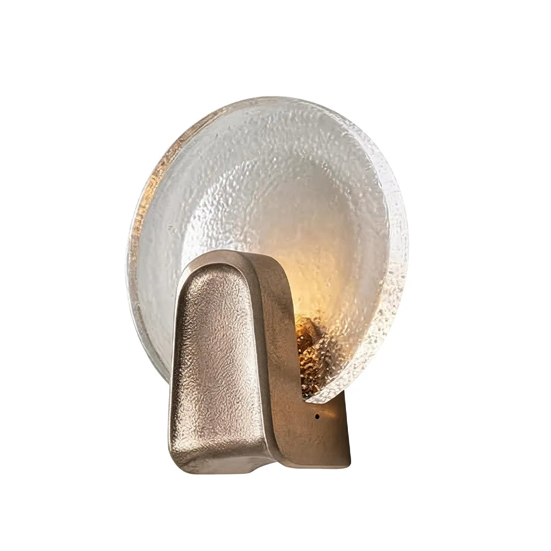Art deco wall sconce lighting in Gold-Clear with a round glass shade on a white background.