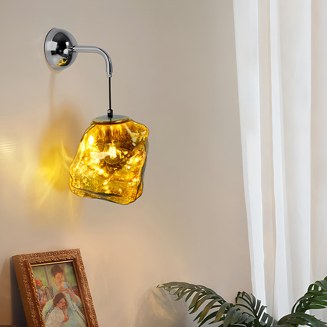 Art deco wall sconce lighting mounted in hallway with golden glass shade providing decorative accent lighting