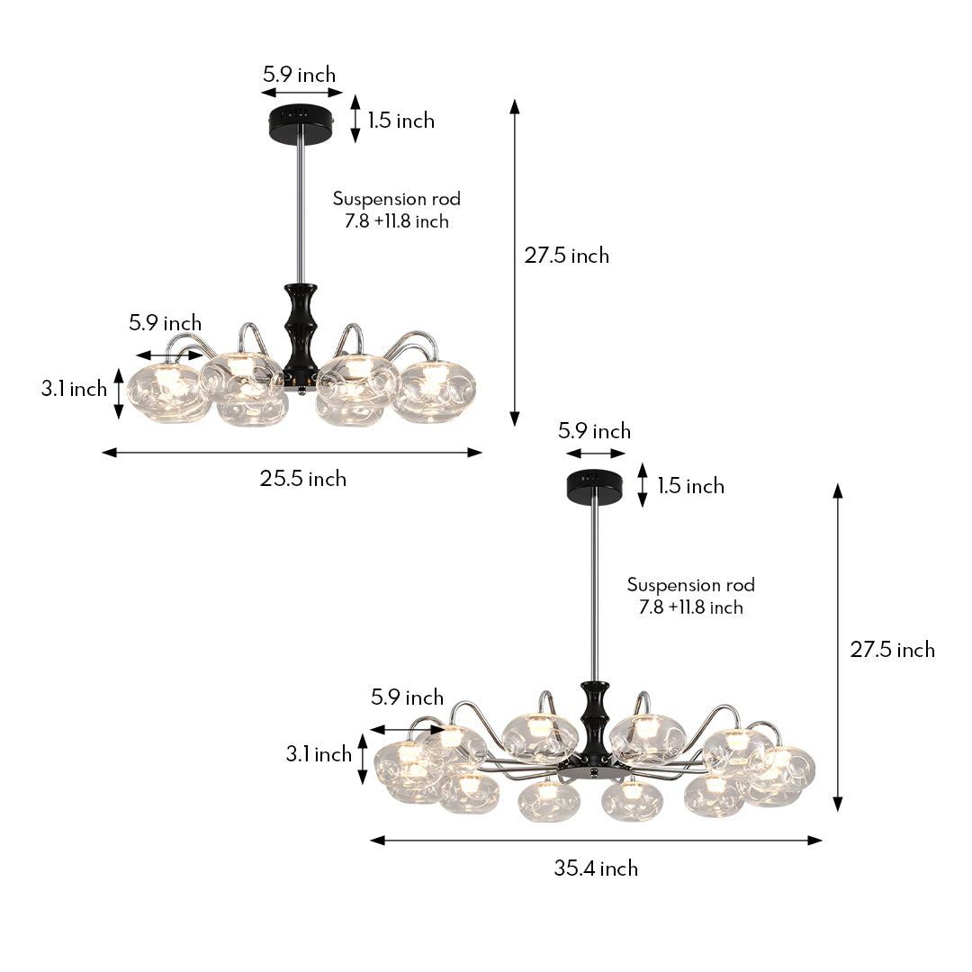 Technical drawing of art glass chandelier showing detailed specifications and multi-bulb configuration design