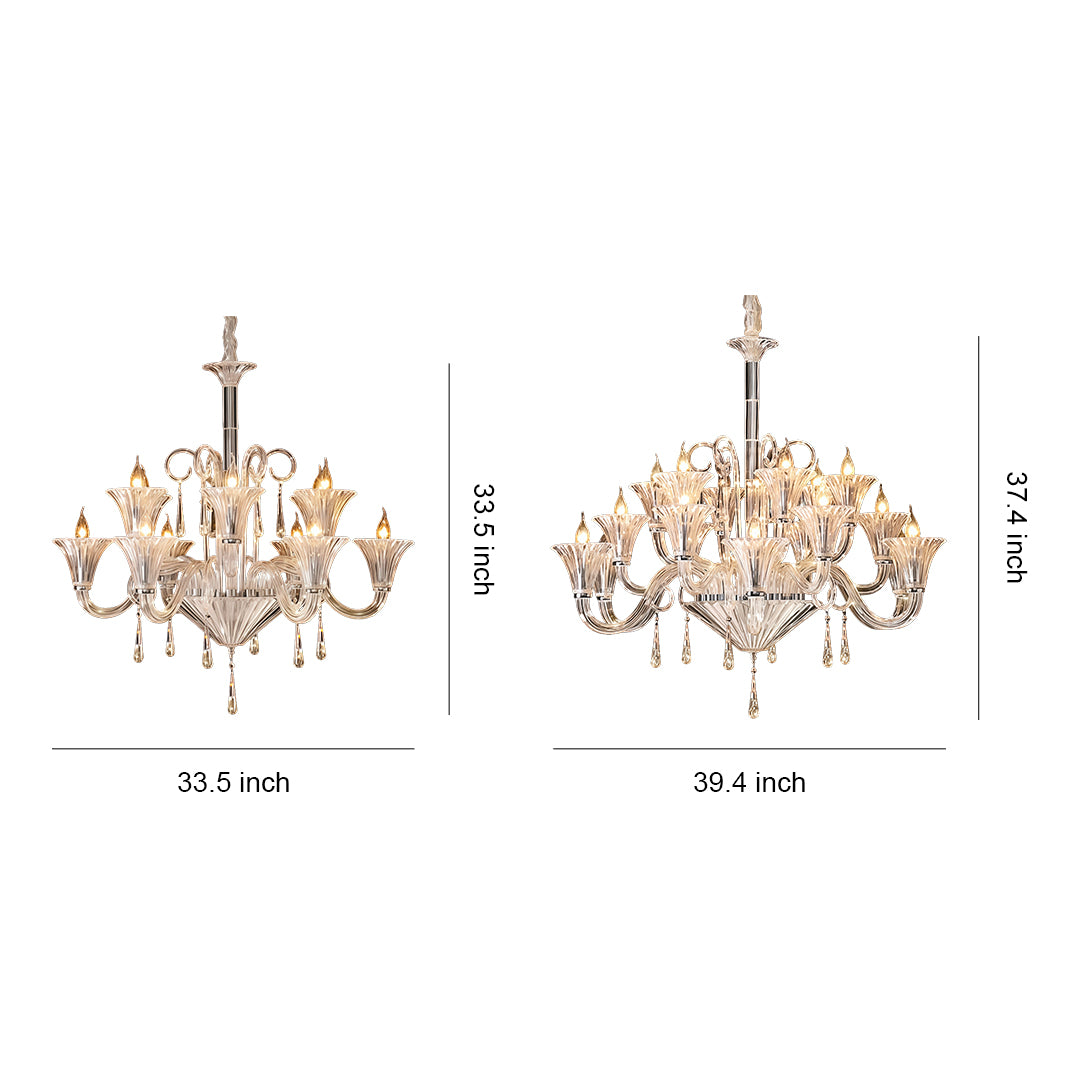 Art glass chandeliers comparison showing two sizes with dimension measurements on white background.