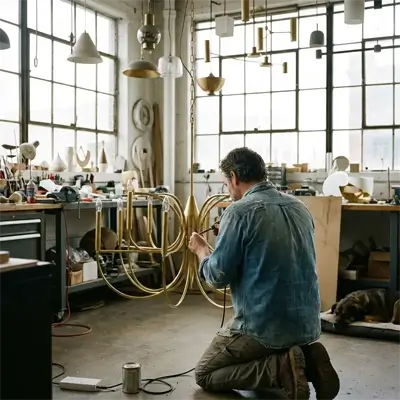 Artisan assembling a brass chandelier in a lighting workshop
