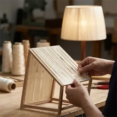 Artisan handcrafting a wooden lamp shade in a lighting workshop