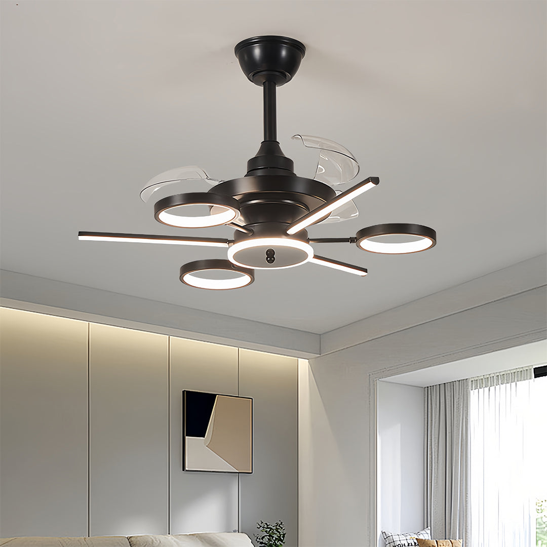 Ceiling fans with multiple lights in black, showcasing a unique and artistic blade arrangement