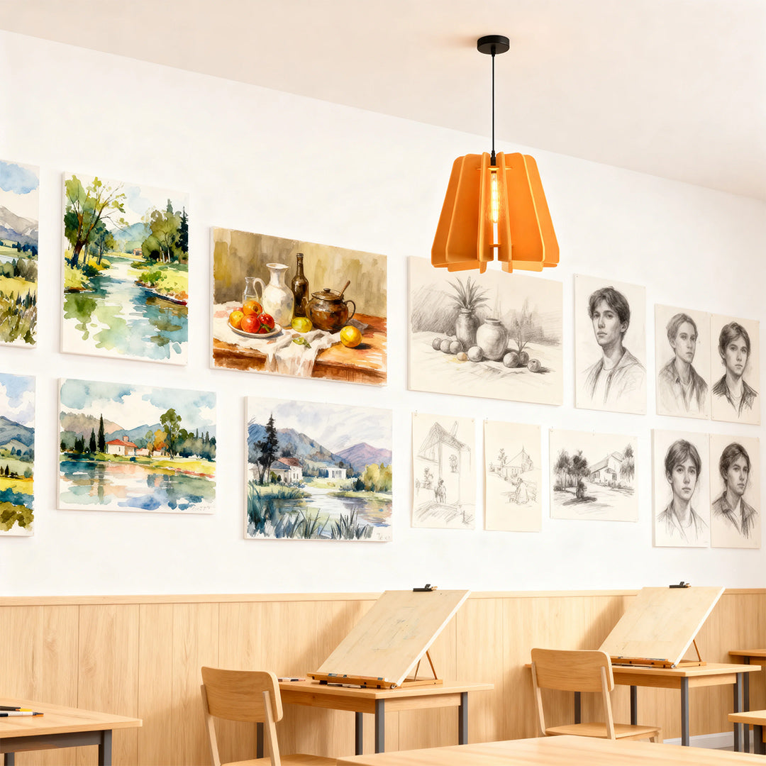 Warm wood-toned 1 light single pendant lamp hanging in an artistic cafe setting above a table display of paintings and sketches.