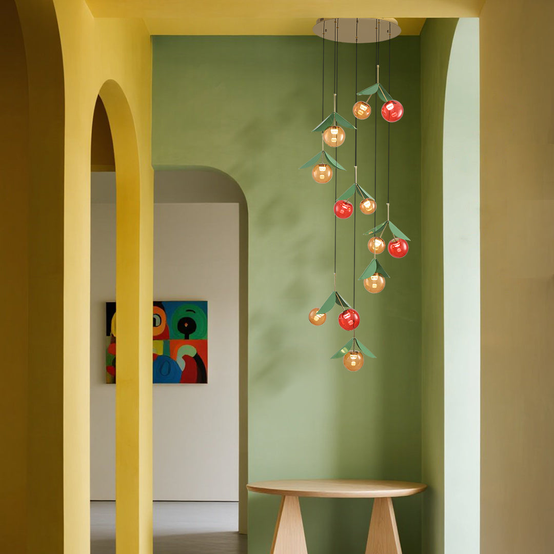Artistic cascading cherry lights creating dynamic visual impact in modern entryway with curved architectural elements