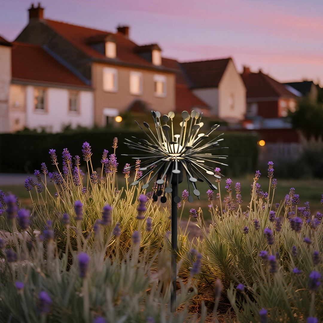 Artistic dandelion-style landscape garden lights arranged in residential setting with purple flowering plants