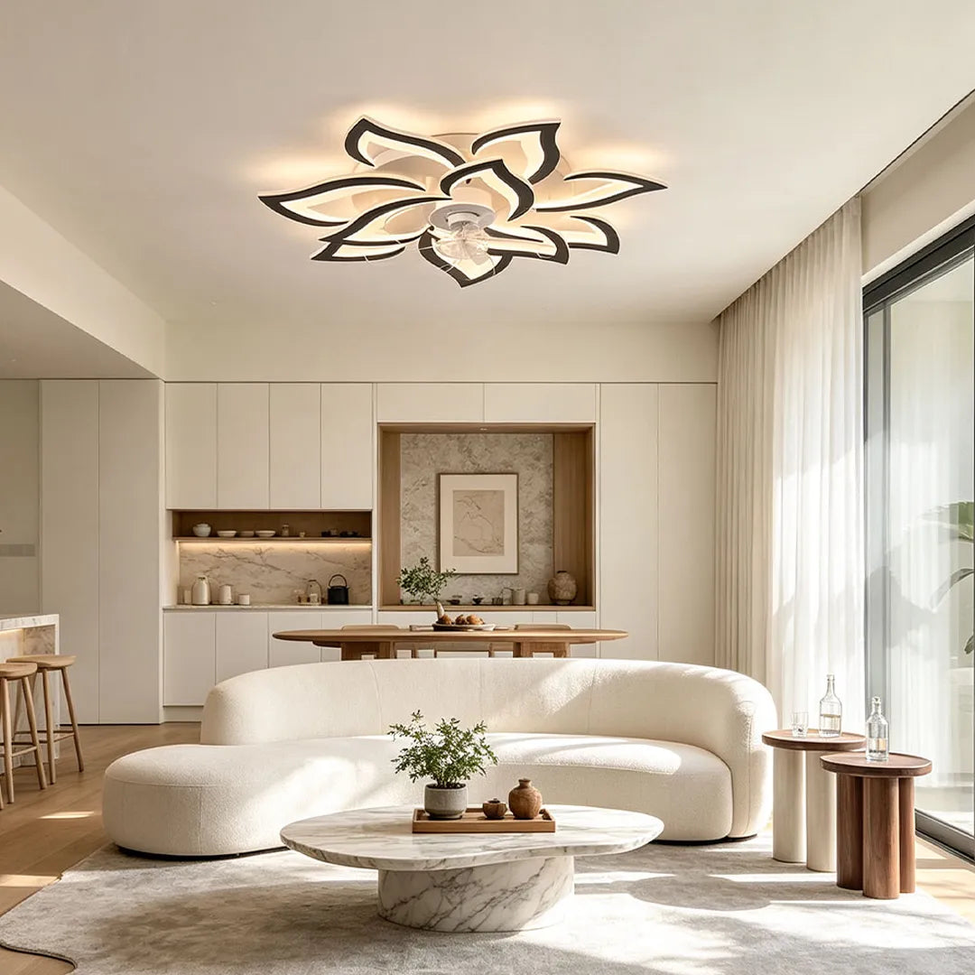 Decorative ceiling fans with lights adding a unique artistic touch to a contemporary living room with ambient lighting.