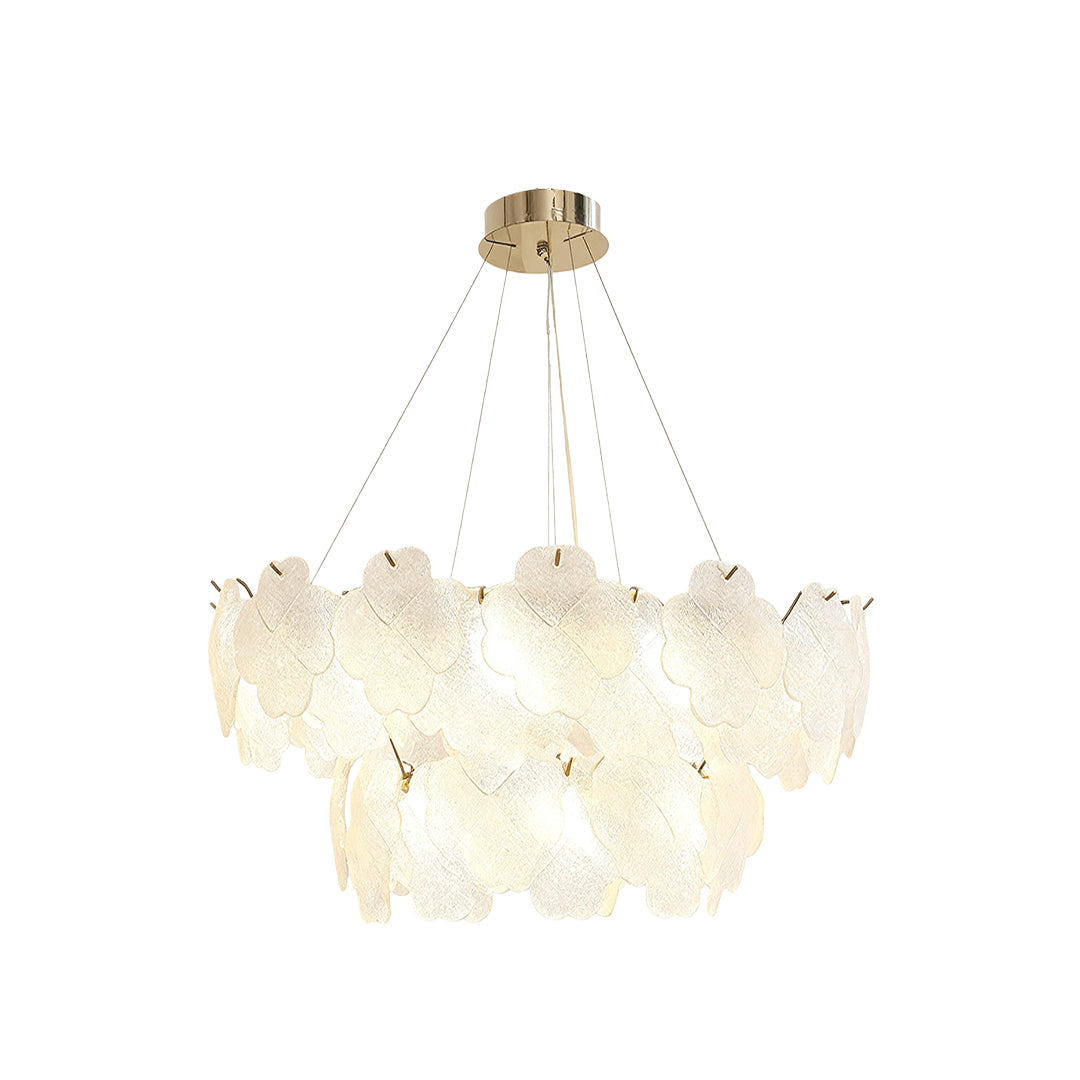 Artistic glass chandeliers with a unique petal design, enhancing the elegance of a contemporary dining area