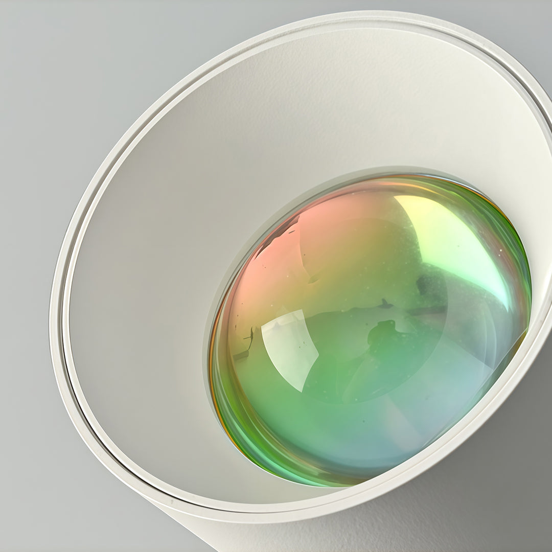 Artistic LED ceiling spotlights featuring glass shade chandelier aesthetic illuminating corridor with warm amber wash.