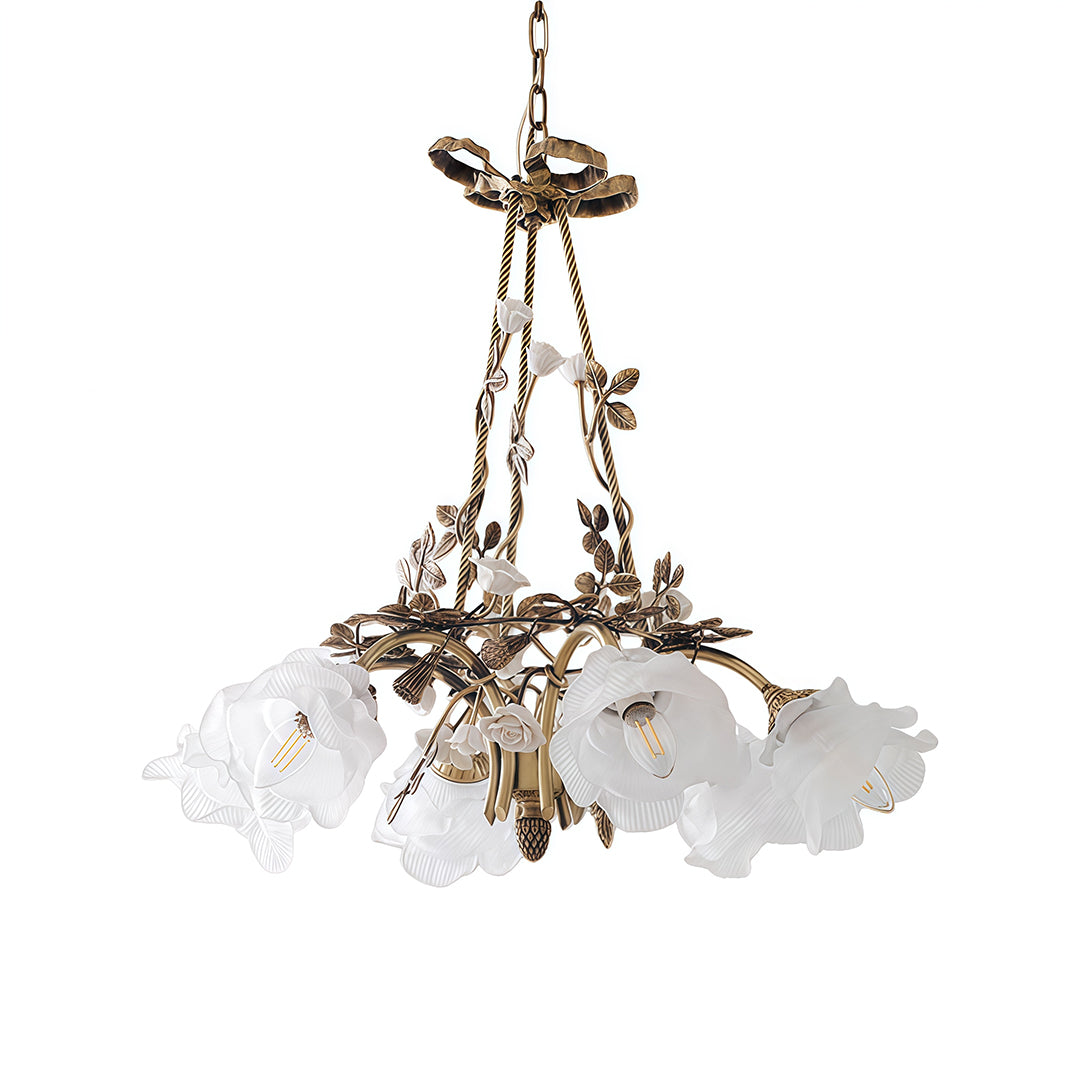 Artistic modern flower chandelier showcasing vine-like brass structure with multiple white glass flower-shaped shades