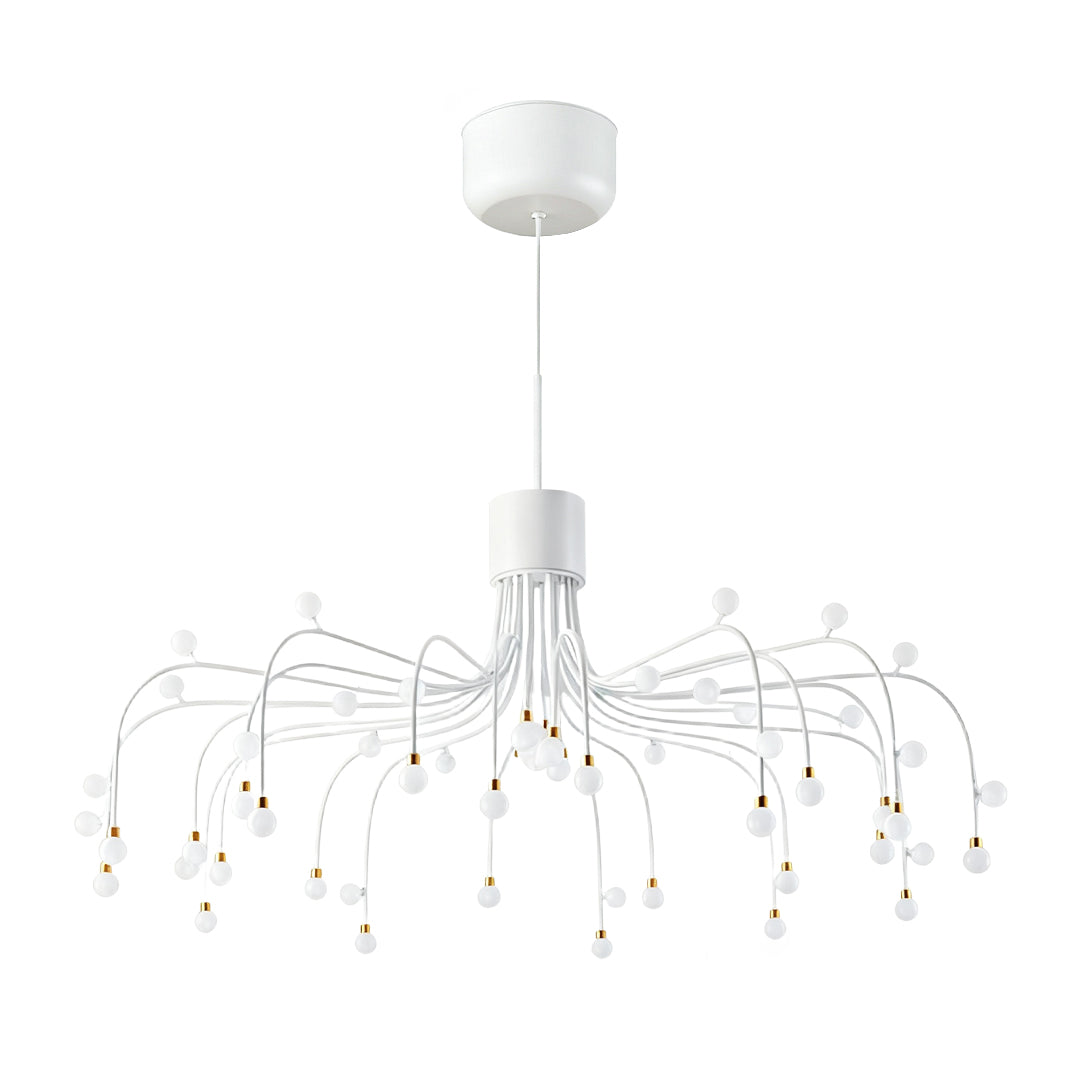 Artistic modern retro chandelier displaying organic curved arms with glass bubble accents in white chrome