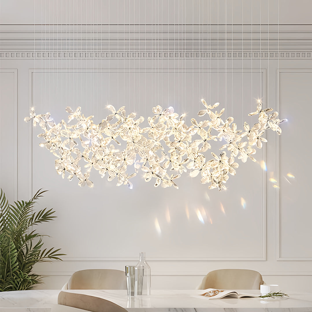 Artistic rock crystal chandelier with flowing design enhancing luxurious residential interior space