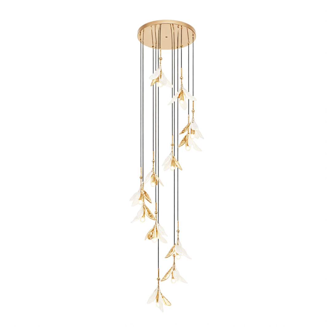 Artistic staircase chandelier ideas featuring cascading design with organic glass flower forms in polished brass finish