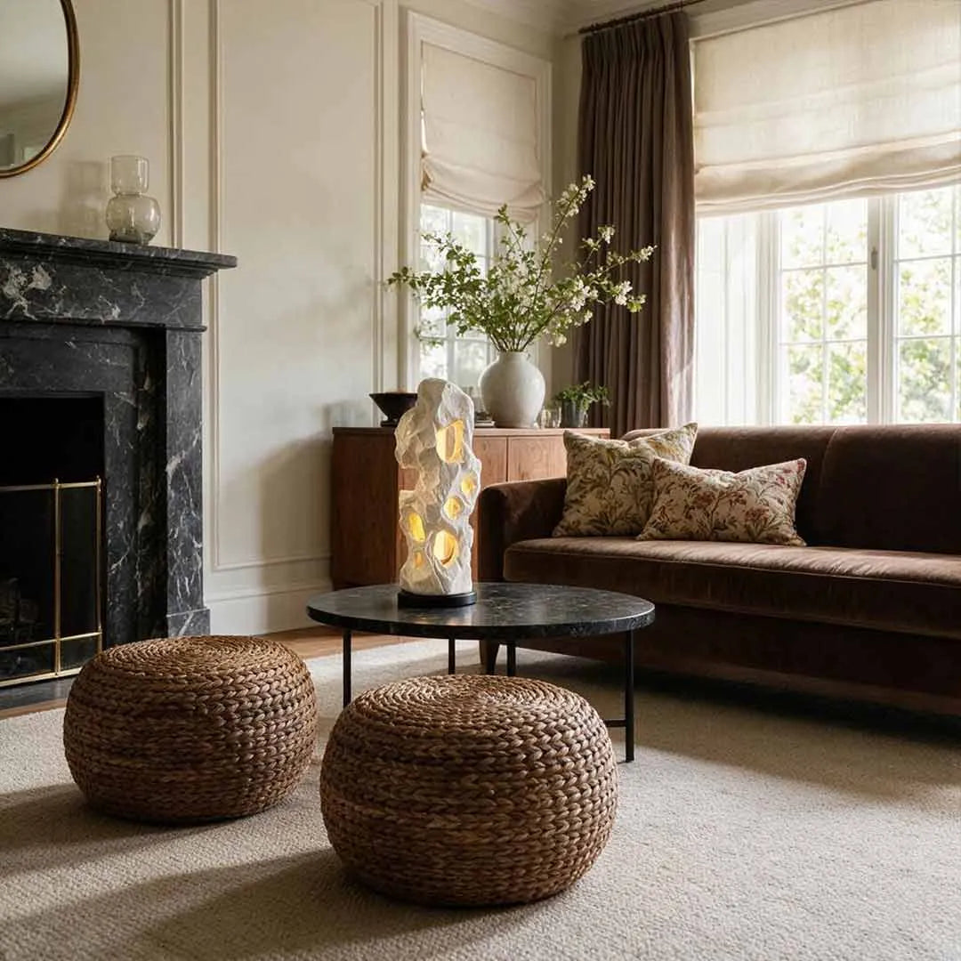Artistic table lamps adding a warm accent glow to a cozy living room beside a fireplace.