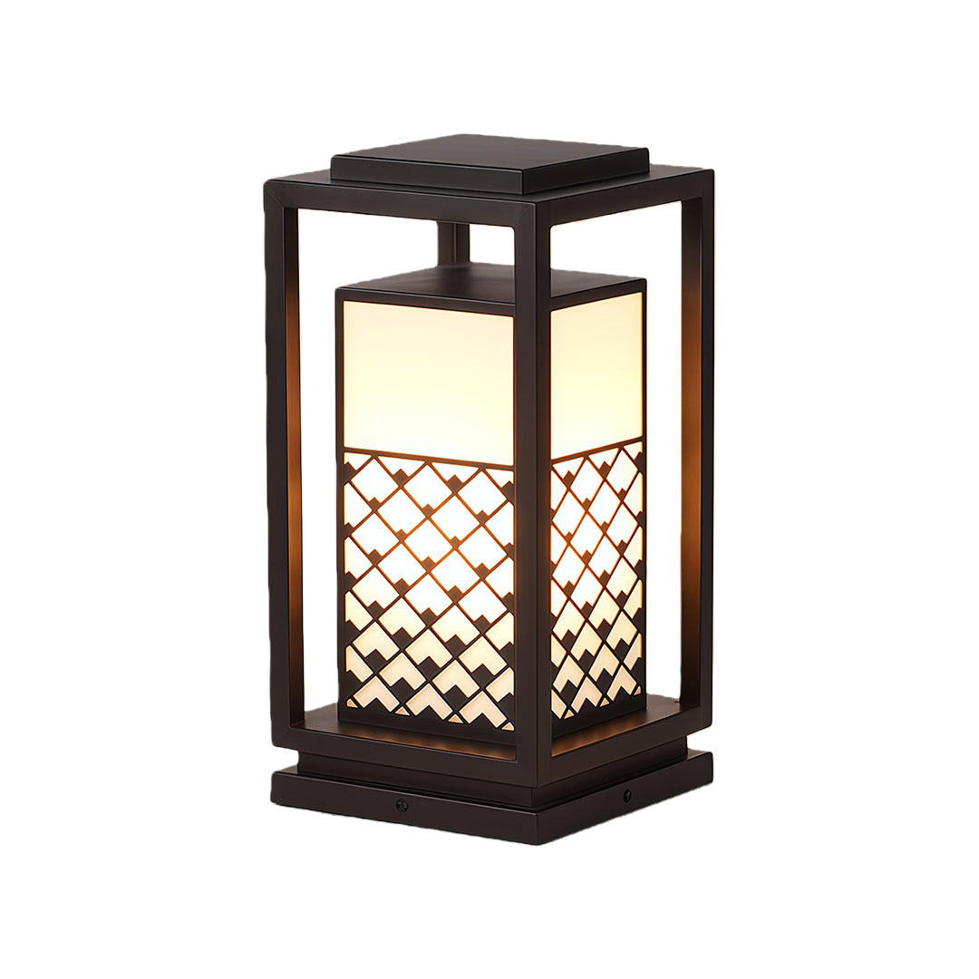Asian-inspired bollard light fixtures with a dark frame and illuminated lattice-patterned shade.