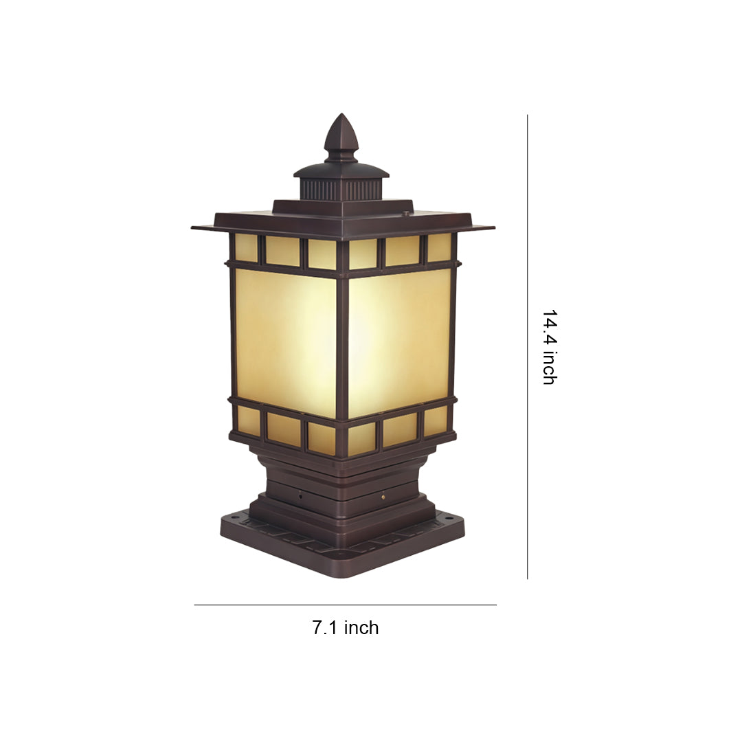 Asian-inspired metal pillar light with frosted glass panels and decorative bronze finish, shown with dimension marker
