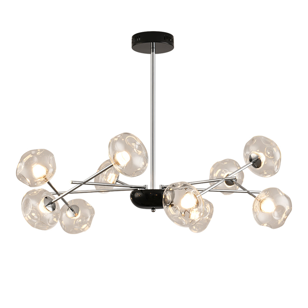 Sleek LED chandelier lights displaying asymmetrical design with clear glass globes and black metal frame