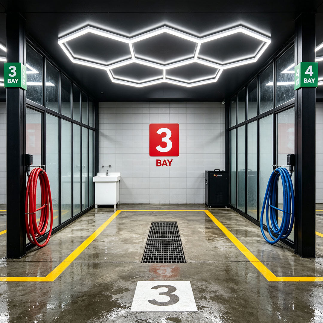 Professional auto detailing bay with bright honeycomb ceiling light arrangement and industrial interior.