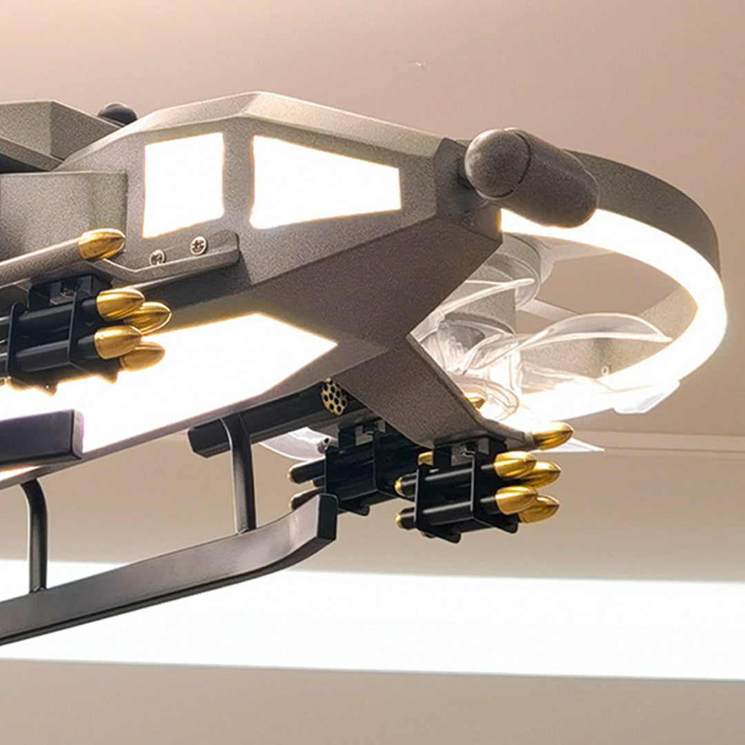 Aviation-themed airplane ceiling fan with light installed in modern interior setting