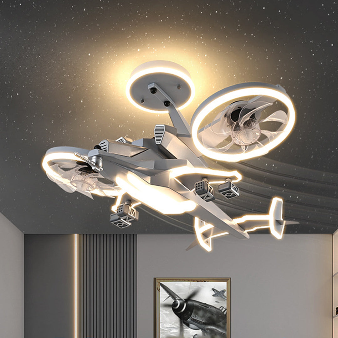 Aviation-themed kids ceiling fan with light creating cozy atmosphere in child's living space