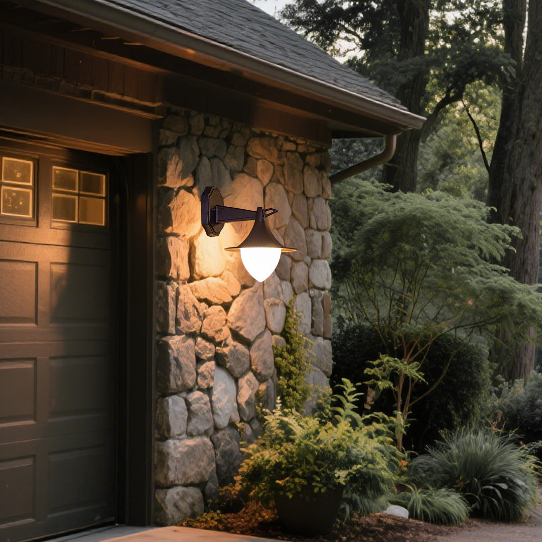 Rustic stone wall with traditional outdoor lantern creating warm ambient lighting atmosphere