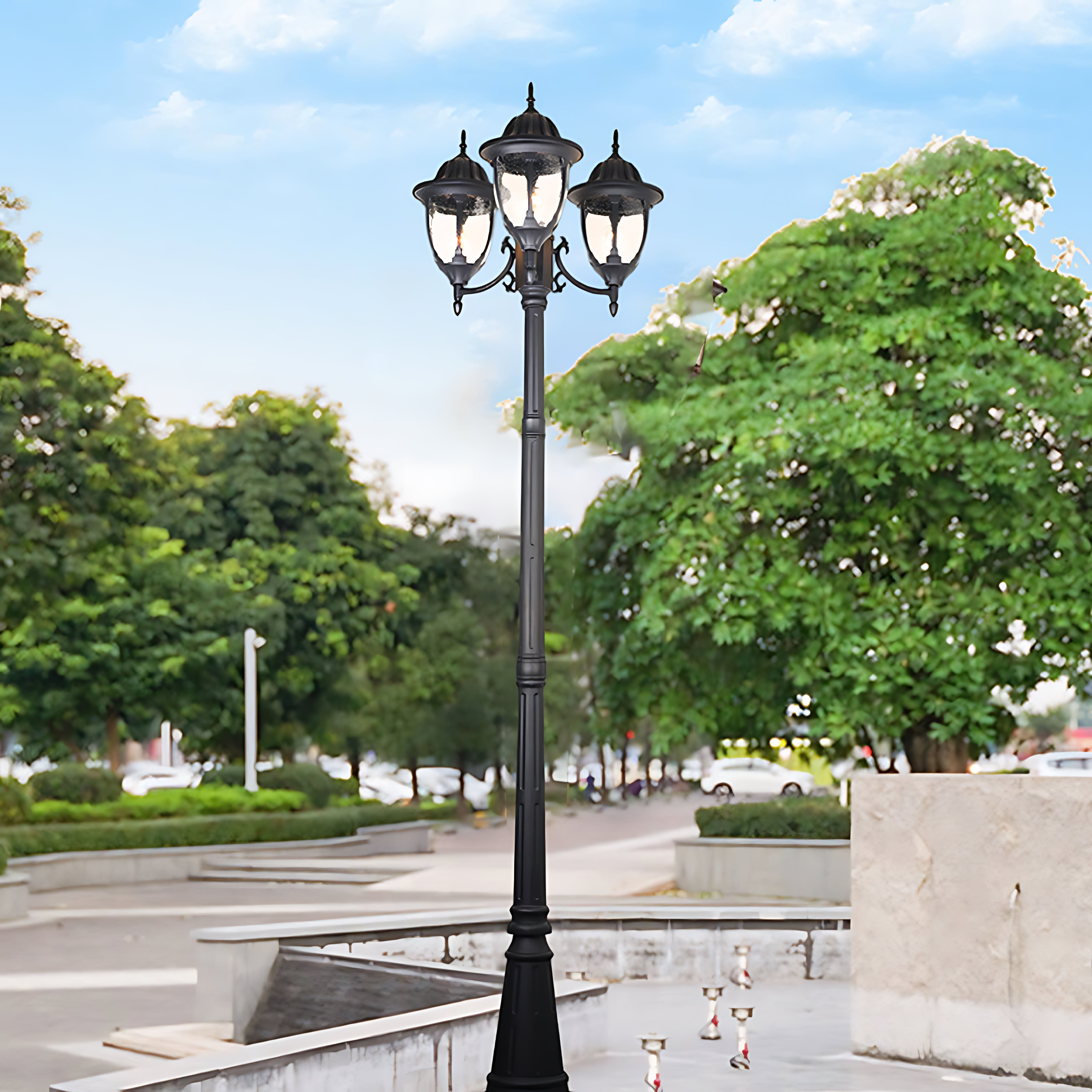 Traditional street lamp installed in public plaza with trees and urban landscape background