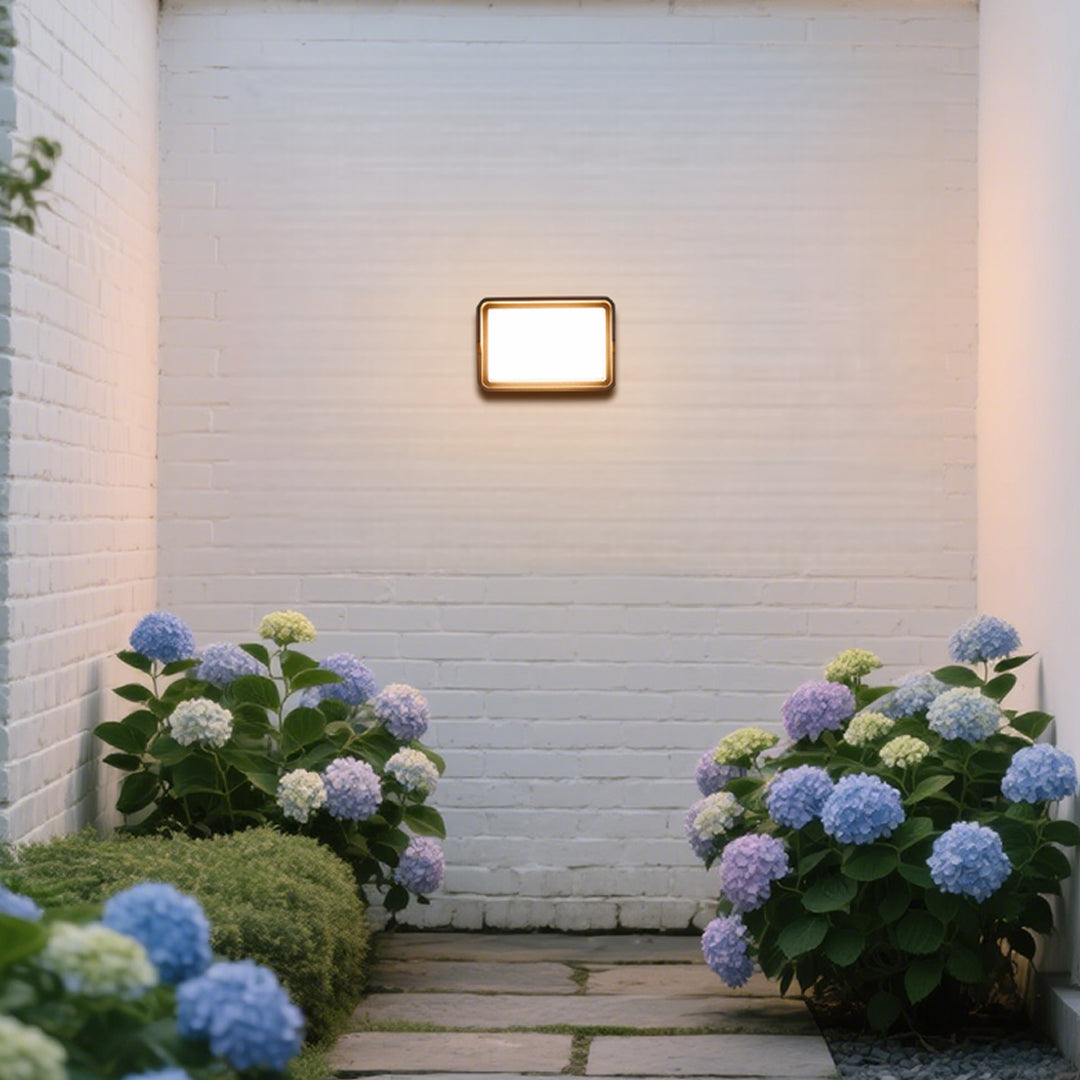 Outdoor wall light with angled black housing and directional beam capabilities