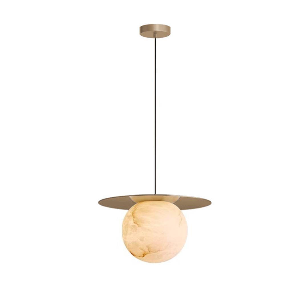 Ball pendant light with a white marble sphere, adding a contemporary touch to a bedroom setting.