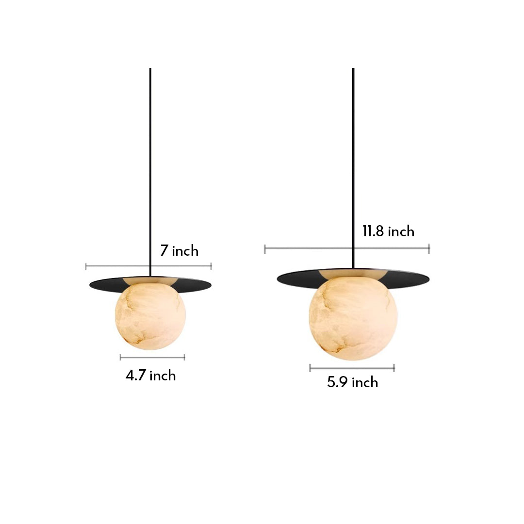 Dimensions and design layout of modern ball pendant lights with wooden and marble spheres.