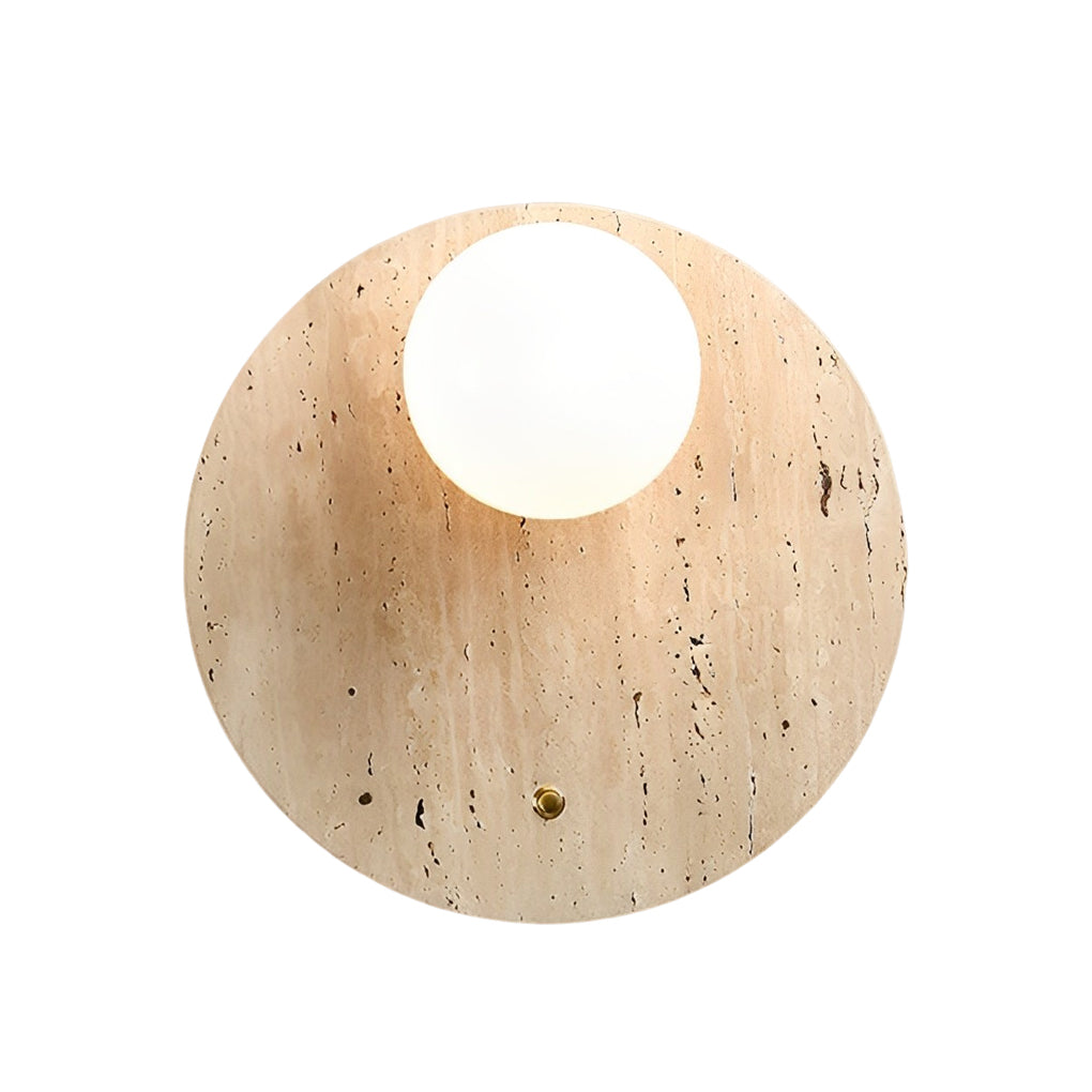 Ball wall lamp with a close-up of its wooden ball structure and warm glow.