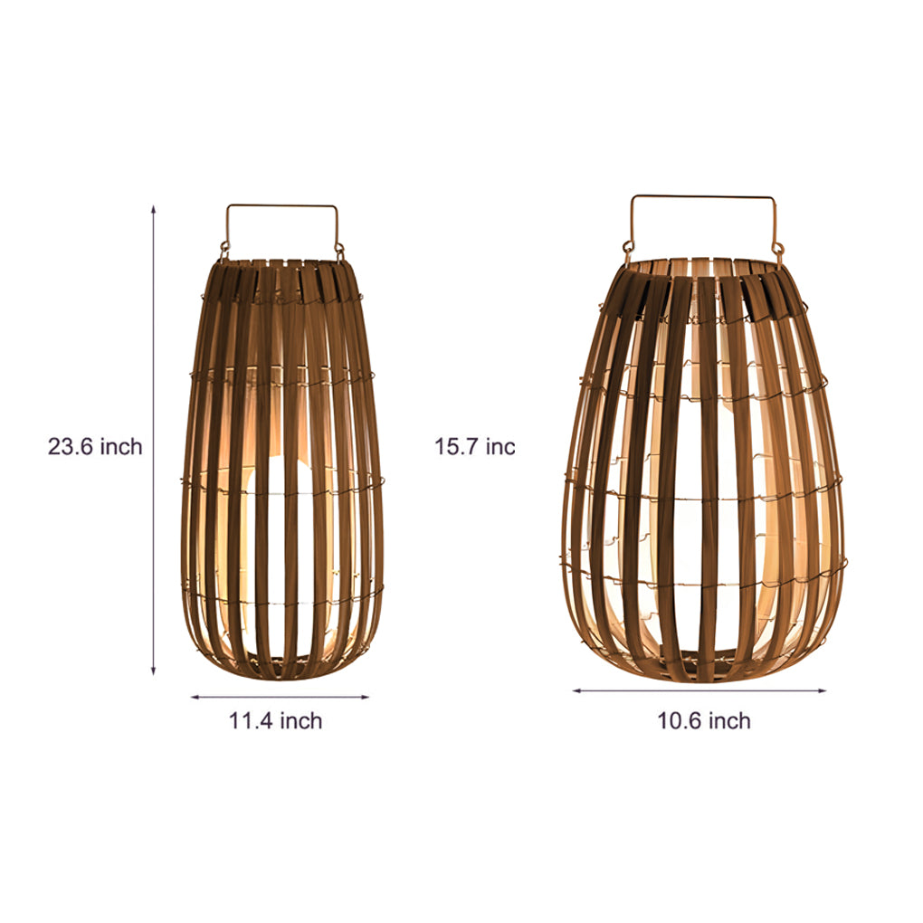 Bamboo outdoor lanterns with detailed dimensions, showcasing two sizes of natural wood frame lanterns.