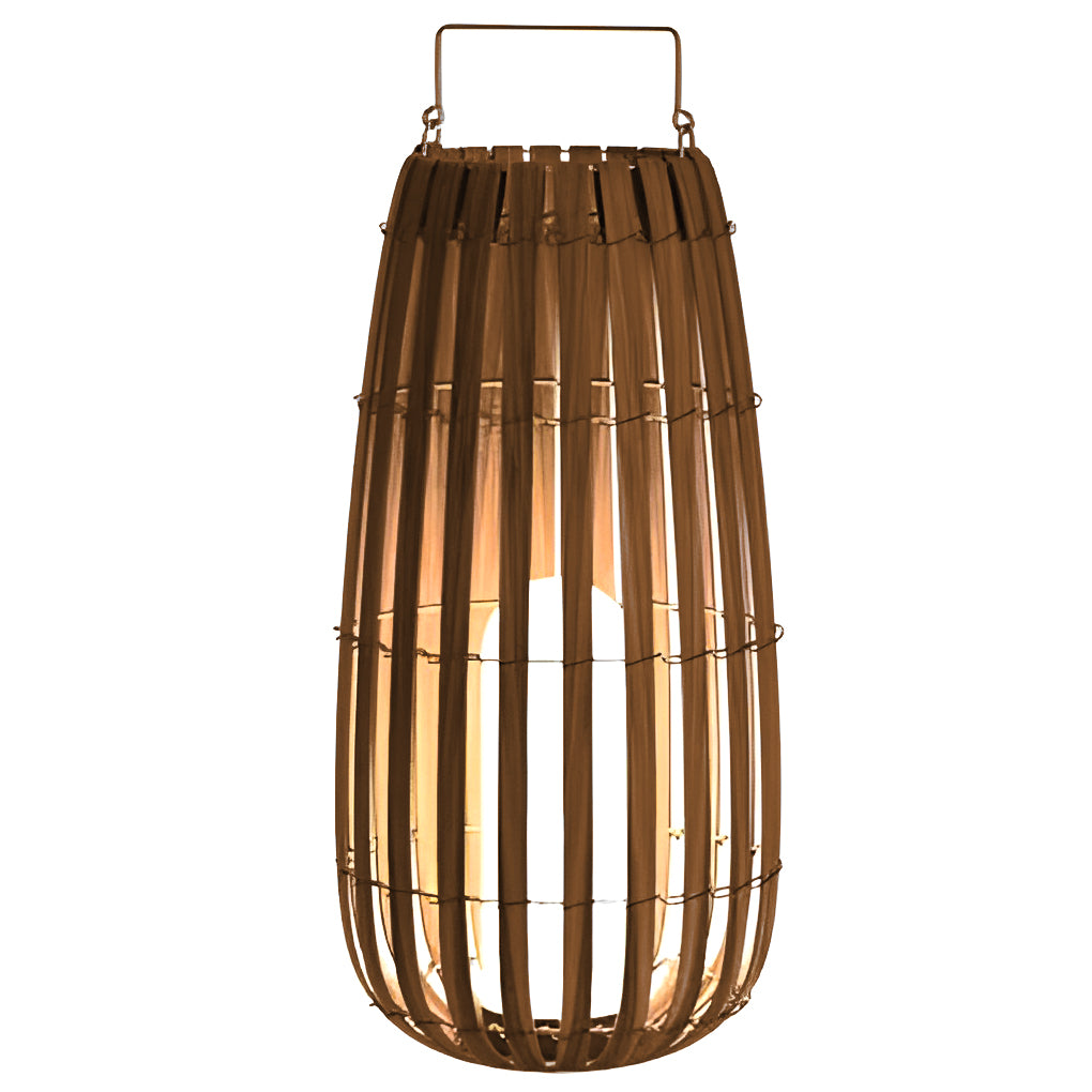 Bamboo outdoor lanterns with natural wood frame and cylindrical design, featuring a metal handle.