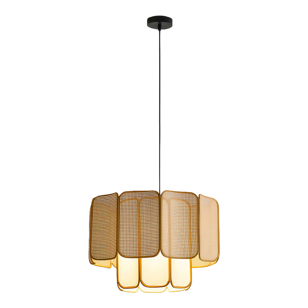 Bamboo pendant light in a cozy dining room, offering a rustic yet chic atmosphere with its natural tones.