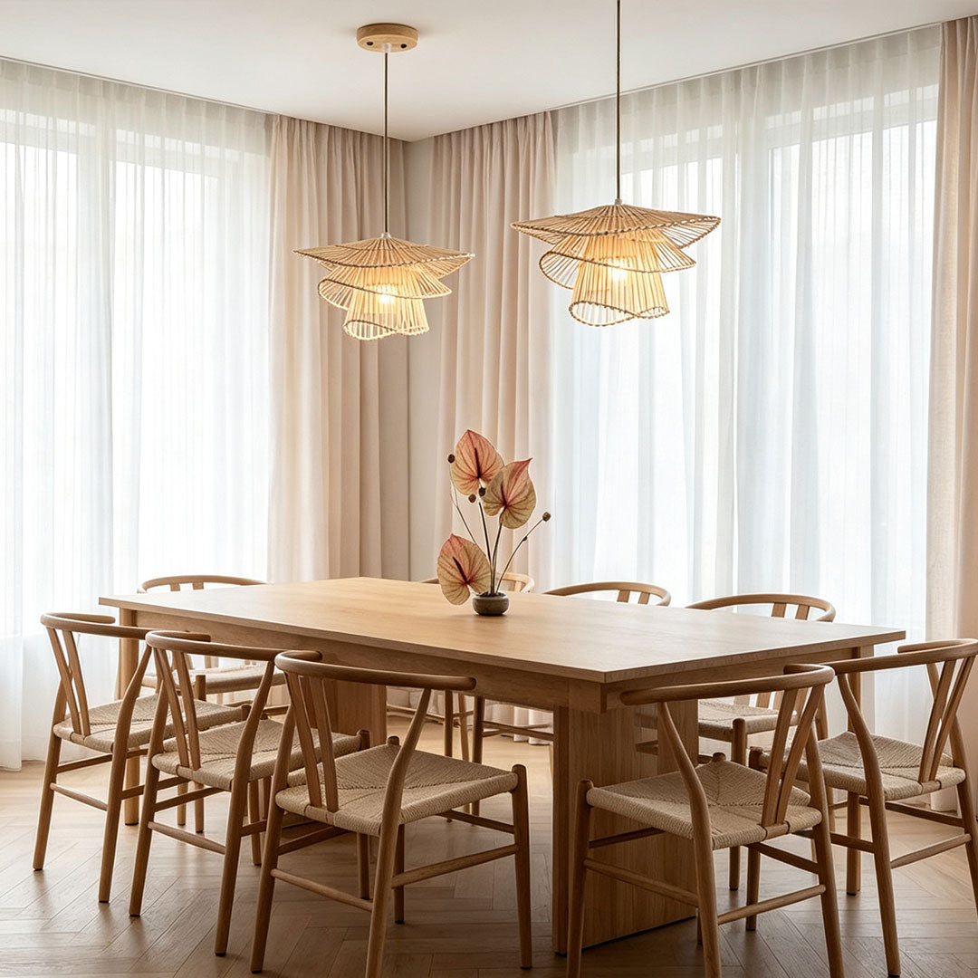 Bamboo pendant light fixtures providing natural style and warm ambient illumination for interior spaces
