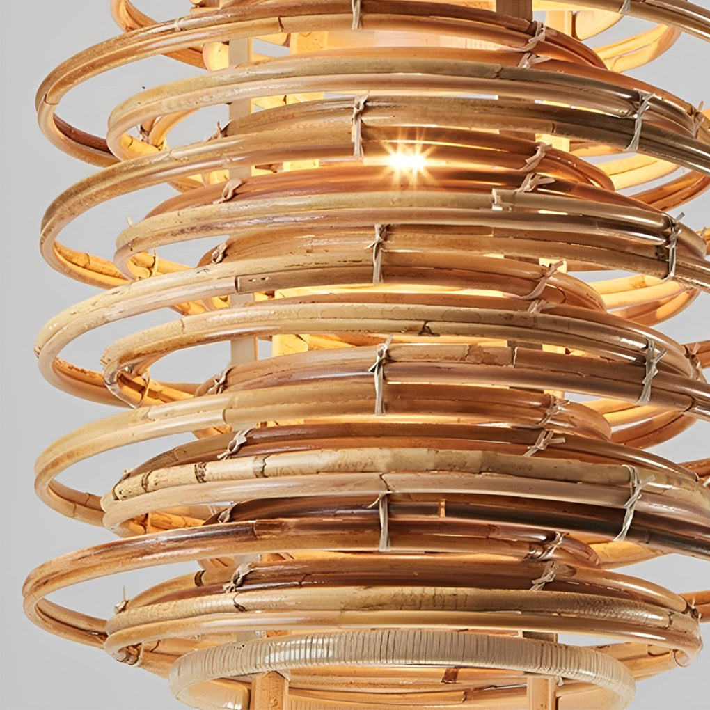 Close-up of bamboo pendant lights showcasing their layered and natural design.